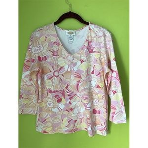 Talbots 3/4 Sleeve V Neck Floral Top Sz M